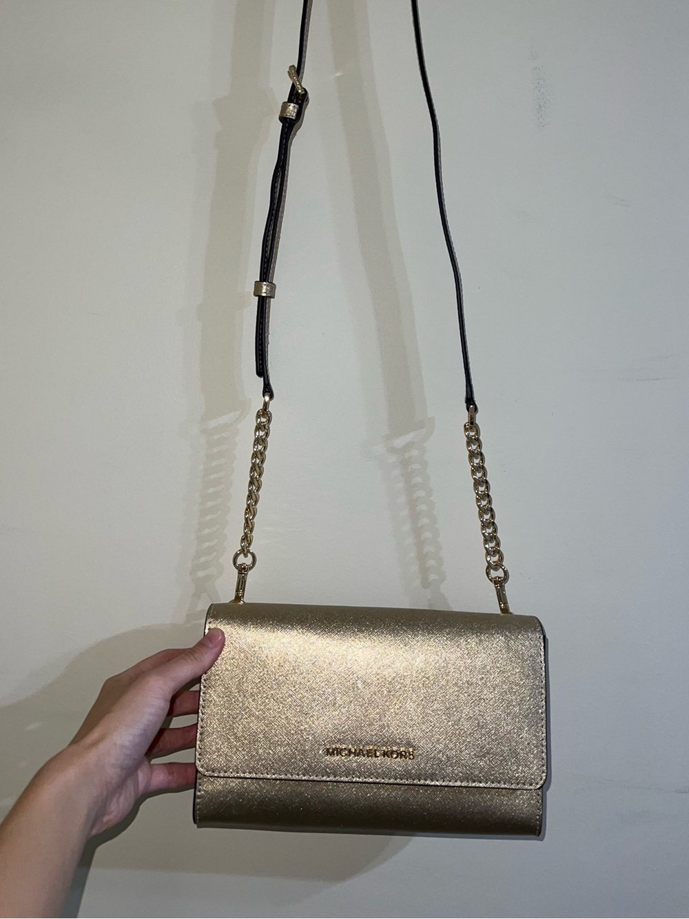 Michael Kors Metallic Gold Saffiano Leather Chain Crossbody Wallet